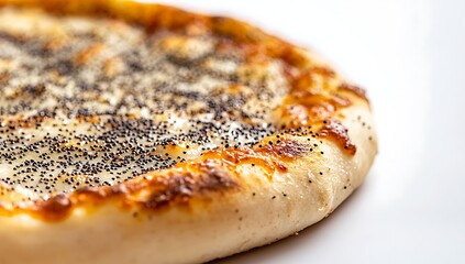 A flat, round bread with a golden crust, sprinkled on top with poppy seeds