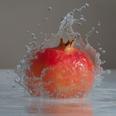 Several whole and cut pomegranate fruits floating in clear water, with a pink background, in the surreal style