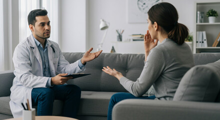 Obraz premium Therapist listens intently to patient sharing emotional struggles in a calming therapy session