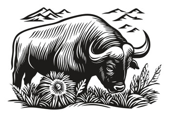 Fototapeta premium Detailed Black and White Woodcut of a Grazing Bull in Nature