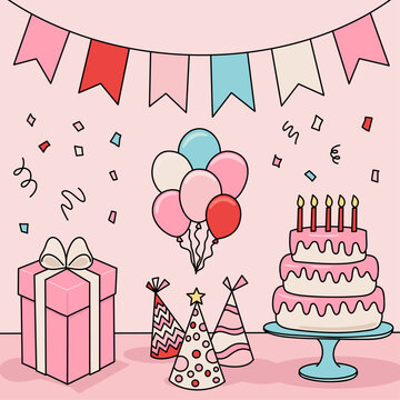 Happy Birthday Party Celebration Setting with Birthday Layered Cake an Candles, Colorful Floating Balloons, Confetti, Garland, Present and Fun Hats. iVector Illustration on a Pink Background