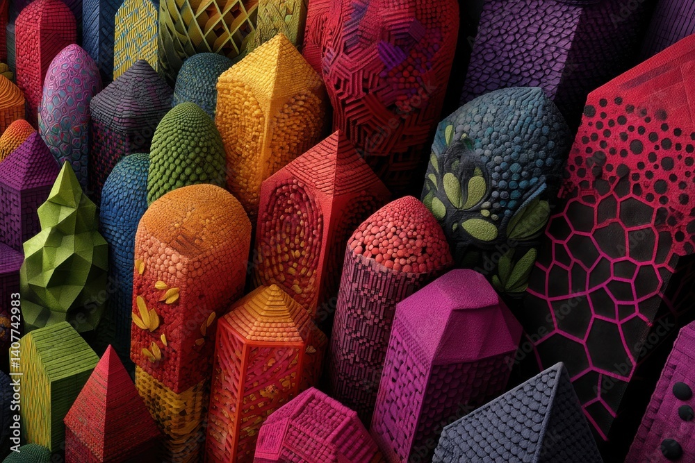 Poster an abstract and vibrant arrangement of colorful textured objects, creating a playful and visually st