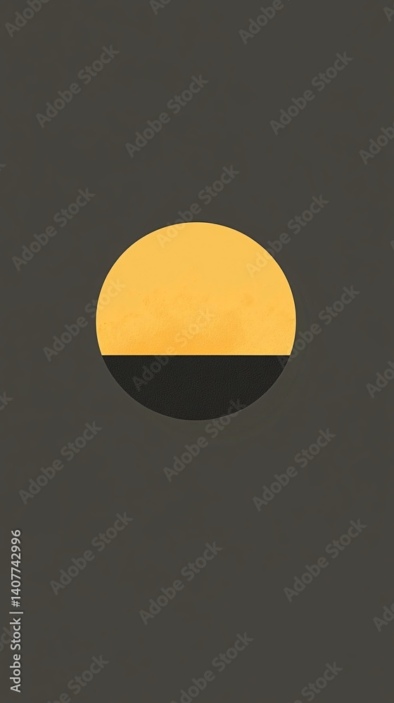 Poster yellow sun setting behind dark horizon on textured background
