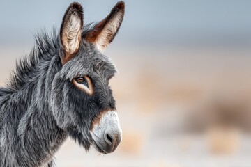 Obraz premium Close-up of a donkey's face showcasing detailed fur and expressive eyes against a blurred background in natural light