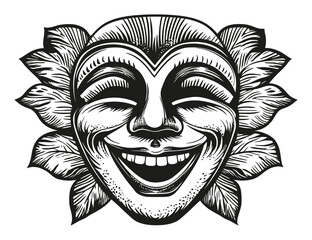 Joyful Woodcut Face with Floral Elements in Black and White Design