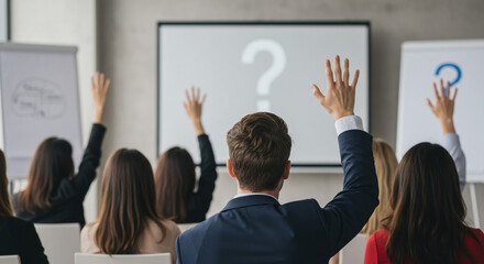 Attentive audience raising hands during Q A session engaging speaker modern office setting
