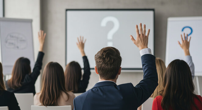Attentive audience raising hands during Q A session engaging speaker modern office setting