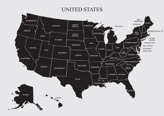 USA map black color - United State of America vector illustration map with all state names - Silhouette poster of administrative map of USA, States and geographical borders
