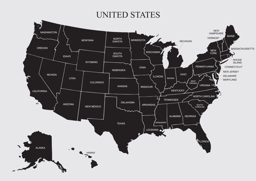 USA map black color - United State of America vector illustration map with all state names - Silhouette poster of administrative map of USA, States and geographical borders