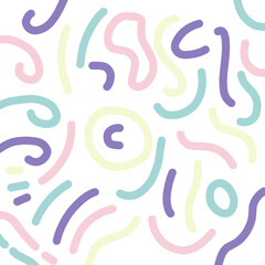 Abstract curvy and irregular shapes. Noodle curvy wave pattern with pastel colored decorative print, background design. Party confetti pattern with soft pastel colors. 