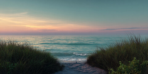 Serene sunset over calm ocean, viewed from dune grass path, evokes tranquility and peace, ideal for travel or relaxation themes