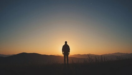 Fototapeta premium Man Silhouette Sunset Mountain Landscape Golden Hour Peace