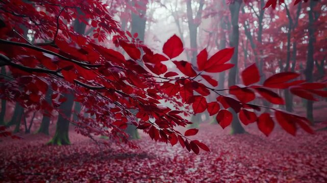 Mystical red forest awakens with falling leaves and enchanting atmosphere