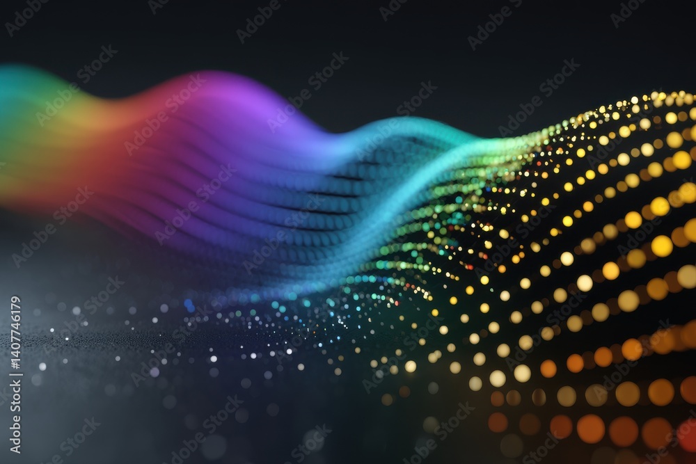Poster an abstract colorful wave of dots and lines on a dark background, with a smooth gradient from red to