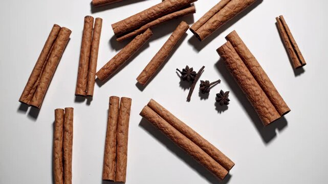 Cinnamon sticks and cloves arranged on white surface with dynamic shadows and light