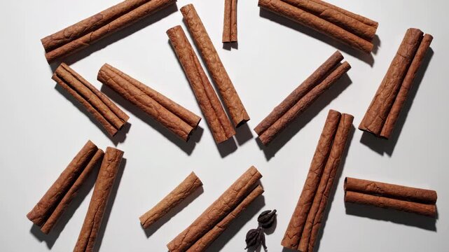 Rotating cinnamon sticks arranged in geometric pattern with dramatic shadow play