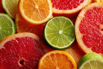 Fototapeta premium A vibrant and colorful close-up of assorted citrus fruit slices, including oranges, grapefruits, and limes, creating a visually appealing and refreshing display.