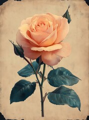 Vintage Botanical Illustration of White Rose Rosa muscosa alba with Detailed Linework and Pastel Colors
