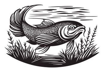 Intricate Woodcut Style Illustration of a Swimming Fish