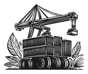 Detailed Woodcut Illustration of a Crane with Shipping Containers