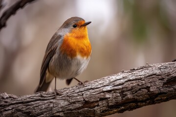 Fototapeta premium Vibrant Eurasian Robin with orange-red throat perched on textured wooden branch in soft natural lighting.