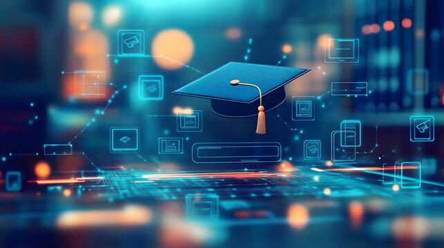 digital education concept with icons of computer, graduation cap and school board on blurred background. Digital learning online system for distance education or futuristic new AI technology