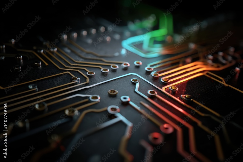Poster close-up shot of a modern computer circuit board with intricate patterns and glowing pathways, symbo
