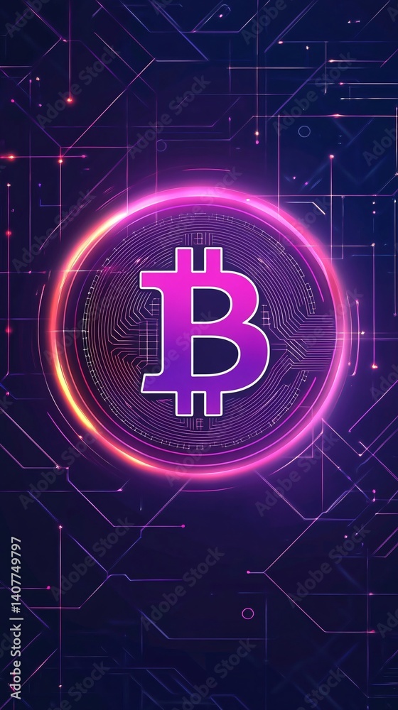 Poster bitcoin cryptocurrency shining on digital circuit board background