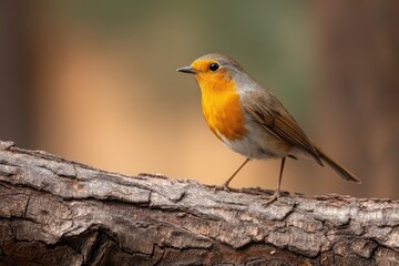 Vibrant Eurasian Robin with orange-red throat perched on textured wooden branch in soft natural lighting.