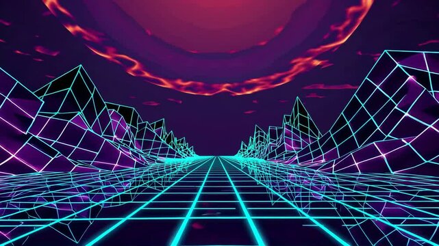 Vibrant retrofuturistic landscape with gridlines and sunset sky in motion