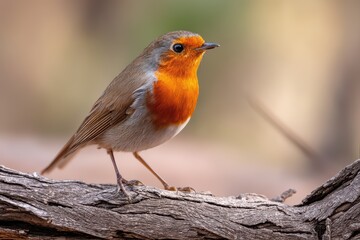 Fototapeta premium Vibrant Eurasian Robin with orange-red throat perched on textured wooden branch in soft natural lighting.
