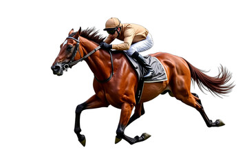 Galloping chestnut horse and jockey isolated on transparent background, intense focus, dynamic composition, bright lighting, photorealistic. Horse racing, equestrian sports themes.