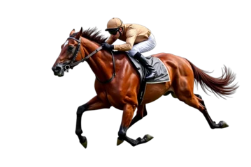 Fototapete Galloping chestnut horse and jockey isolated on transparent background, intense focus, dynamic composition, bright lighting, photorealistic. Horse racing, equestrian sports themes. © ELmidoi-AI