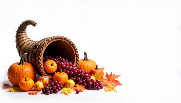 Thanksgiving concept - Isolated cornucopia with pumpkins and grapes  