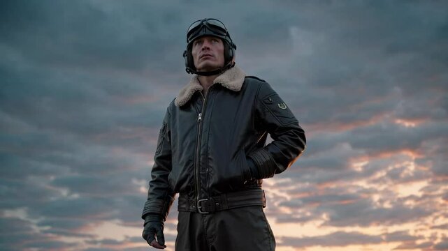 Aviator stands fearlessly against stormy sunset sky inspiring adventure and courage
