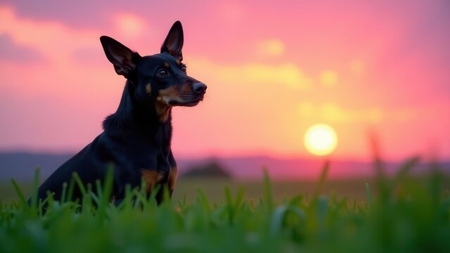 A Canine Companion Silhouetted Against a Vibrant Sunset Sky, Gazing Pensively into the Distance