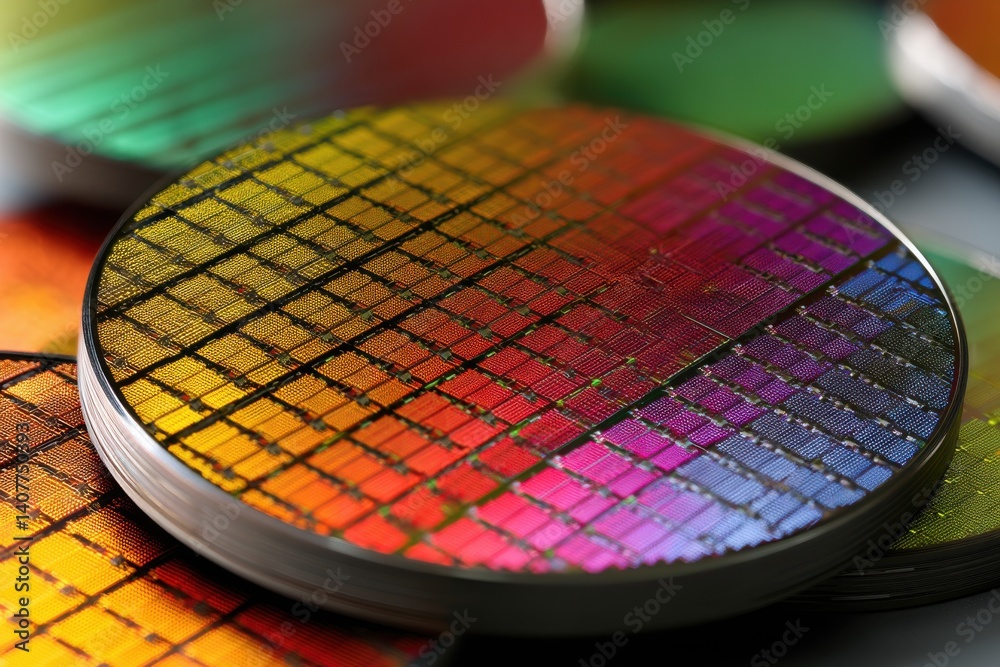 Poster a macro close-up of a silicon wafer showcasing its intricate pattern and vibrant color gradient, ref