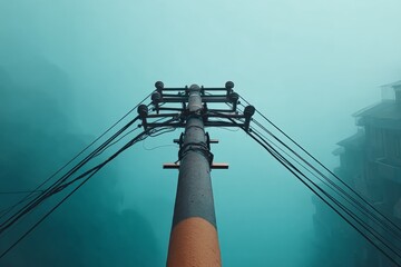 Power pole surrounded by dense fog creates an eerie atmosphere in an urban setting during early morning hours