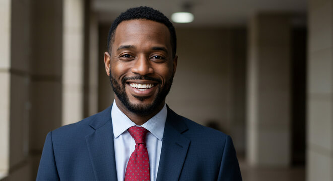 Confident African American businessman smiles wearing a navy suit and red tie professional headshot