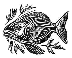 Detailed Woodcut Style Illustration of a Fish Surrounded by Leaves
