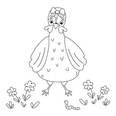cute cartoon character hand drawn black and white  hen with worm in the meadow with daisy flowers funny vector illustration for coloring art