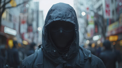 Person in anti-spy suit walks through modern city streets while evading surveillance cameras in high-tech environment