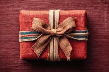 Beautifully wrapped gift box with rustic twine on textured background