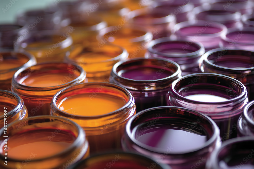Poster close-up of orange and purple paint in glass jars, arranged in rows. showcase of vibrant color gradi