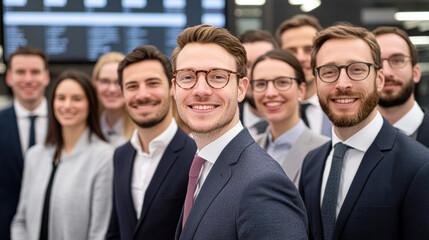 Group of professionals smiling together in a modern office environment.