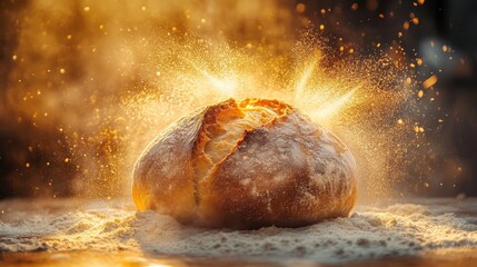 A loaf of golden bread with flour dust around it on wooden surface. Use for baking blogs, restaurant menus, or advertising bread products.