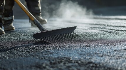 Asphalt worker spreading hot mix with a rake on a new roadway. Featuring teamwork and endurance