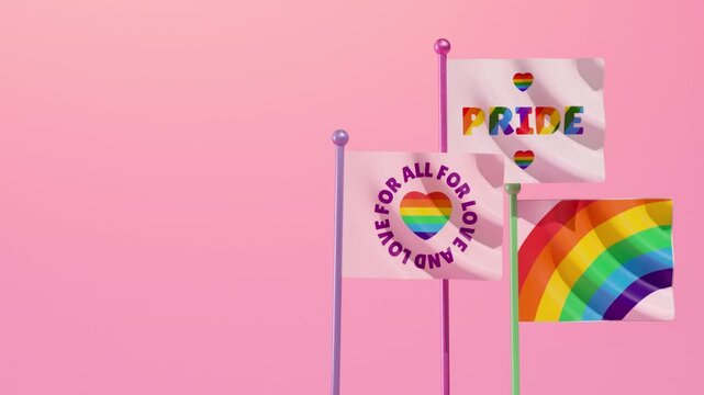 Happy Pride looping video with three flags waving on a pink background representing LGBTQIA+ Pride month and love diversity celebration in 3D animation