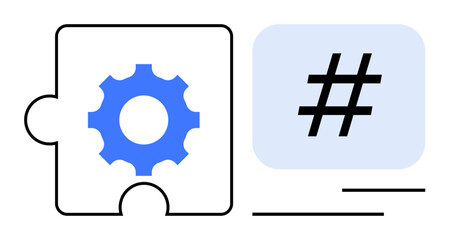 Obraz premium Gear icon in puzzle piece linking to metadata tag, symbolizing connection, teamwork, functionality, and communication. Ideal for collaboration, networking, problem-solving, digital tools branding