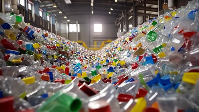 Recycling facility overflowing with plastic waste